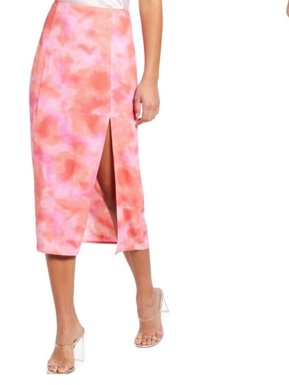 Leith Pink Coral Tie-Dye Midi Skirt with Front Slit